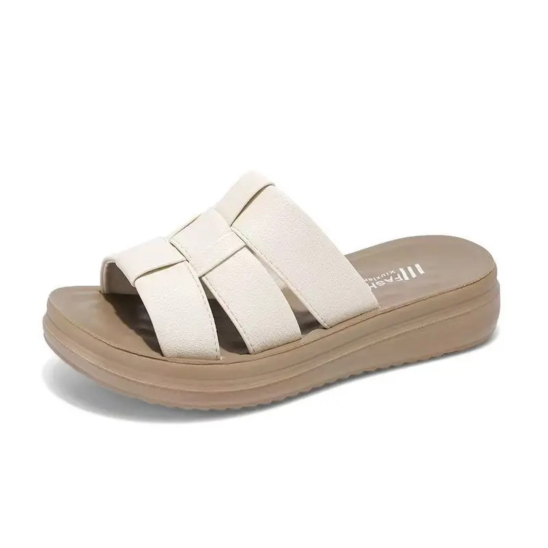 Women 2026 Summer New Wedges Woven One Word Slipper Soft sole Non slip Lightweight Fashionable Outdoor Beach Slipper Sandals
