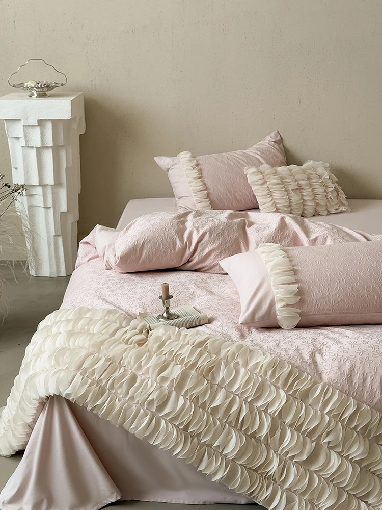 

Romantic Floral Jacquard Cotton Flannel Bedding Set, 4-Piece Cozy Queen Size Duvet Cover for Winter, Soft Brushed Cotton Bed Set