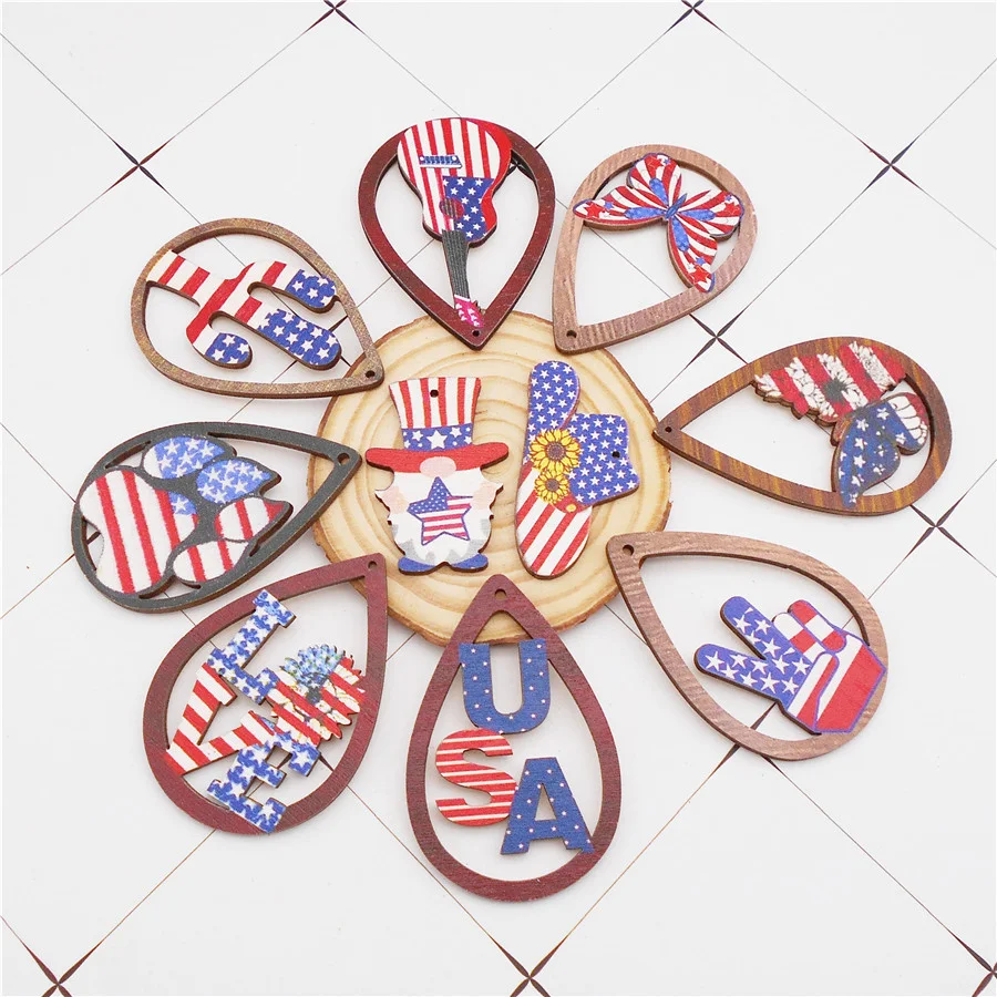 8/10PCS Wood America Flag Charms Wooden Independence Day Pendant For Bracelet Earrings Keychain Necklace Jewelry Accessory