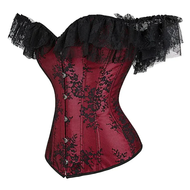 Women Corset Vintage Jacquard Corsets Lace Up Bustiers One Shoulder Corsage Sexy Satin Korsett Wedding Party Costumes Plus Size