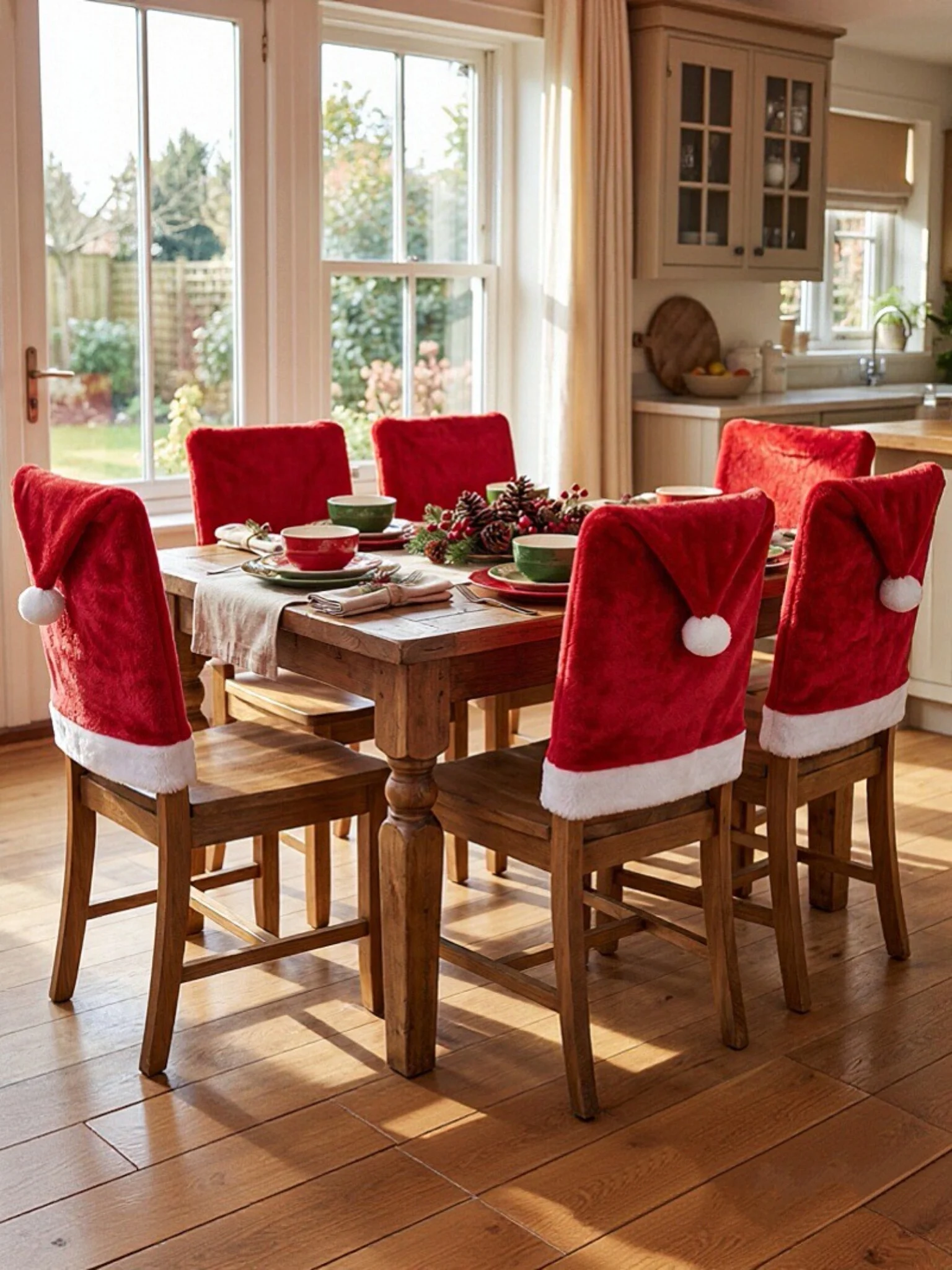 1pc Red Hat-Shaped High Chair Cover, Christmas Chair Back Cover, Christmas Kitchen Chair Cover, Christmas Decorations