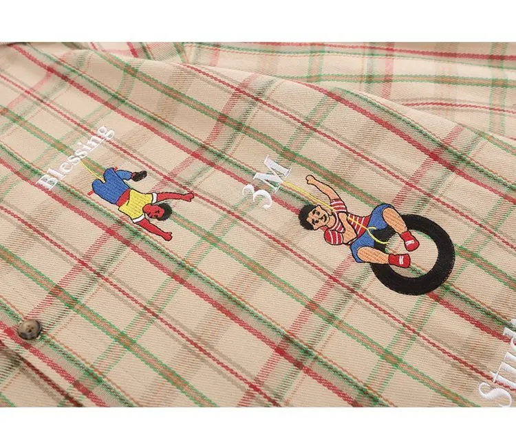 Khaki Plaid Y2K Sporty Cartoon Embroidery Blouses Button Up Shirts Students 3XL Long Sleeve Tops Korean Harajuku Kawaii Clothes