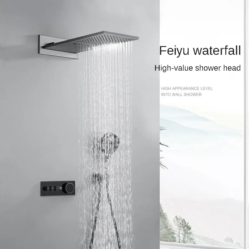 Brushed Rose Gold Digital Display Bathroom Shower Faucet Black Wall-Mount Constant Temperature Flying Rain Waterfall Shower Set