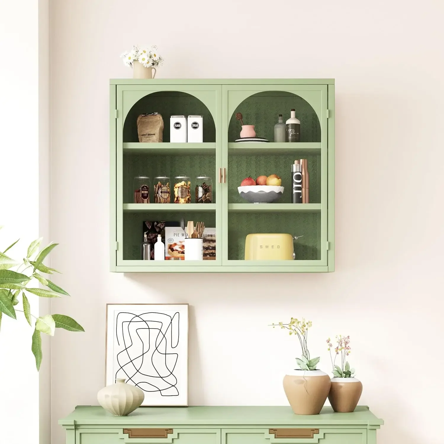 Metal Wall Cabinet with Semi-Arch Glass Doors 3-Tier Wall Mounted Storage Cabinet with Detachable Shelves Modern Medicine