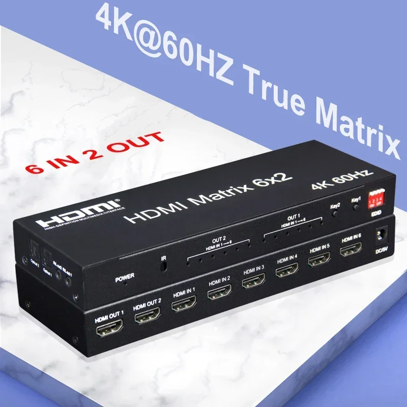 4K 60hz 6x2 Matrix 6 IN 2 OUT HDMI Switch Splitter 4x2 HDMI Matrix Video Converter for PS4 DVD Laptop PC To TV Monitor Display