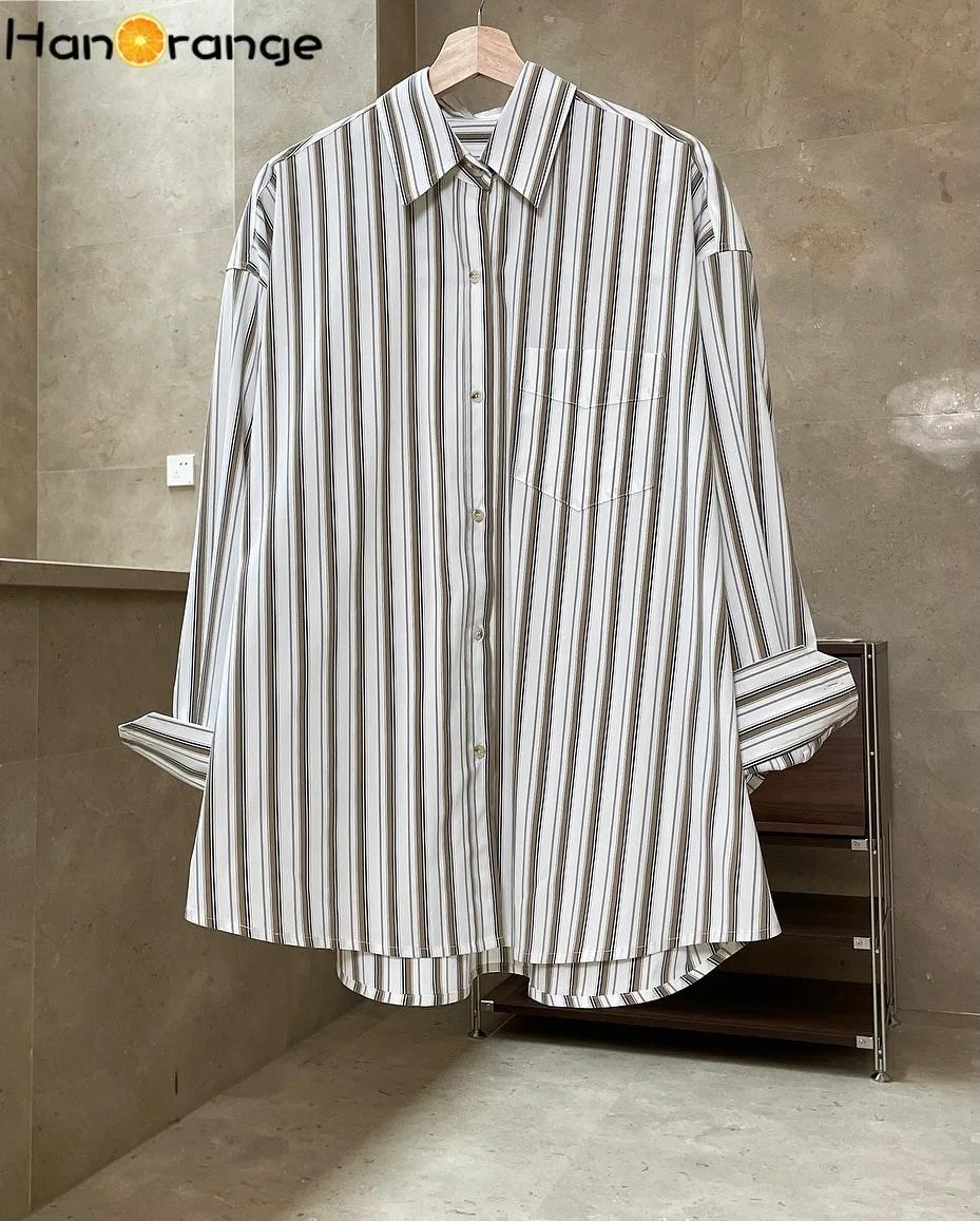 HanOrange Early Spring Women Striped Shirt Drop Shoulder Retro Ins Style Fashionable Loose Silhouette Casual Tops Women