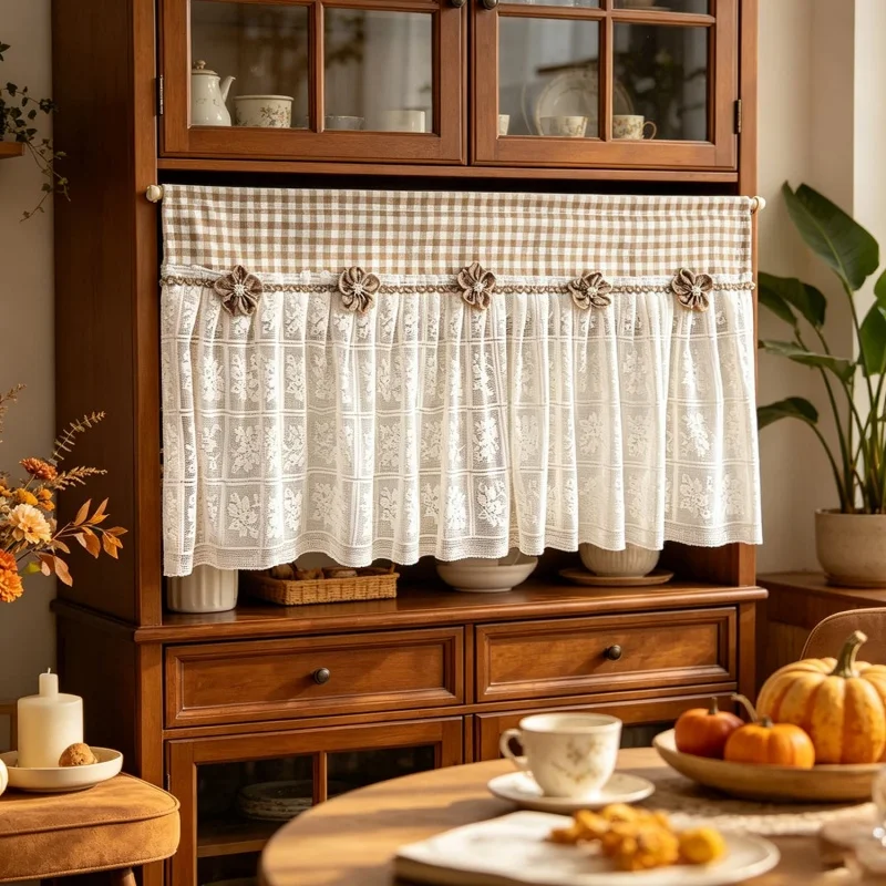 Farmhouse Kitchen Curtains Lace Sheer Valance with Burlap Flower Appliques Beige Linen Top Rod Pocket Cafe Curtain Rustic Countr