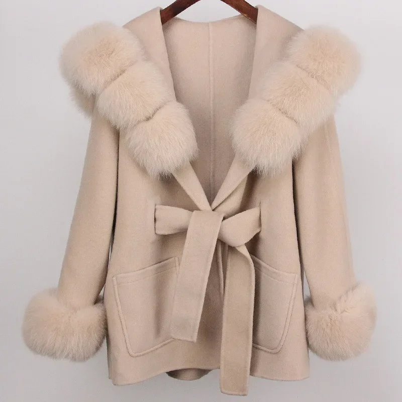 2025, neuer Damen-Wollmantel, koreanischer Stil, lockerer Trenchcoat mit Gürtel und Fuchspelzkragen, vielseitige Herbst-Winterjacke mit Kapuze