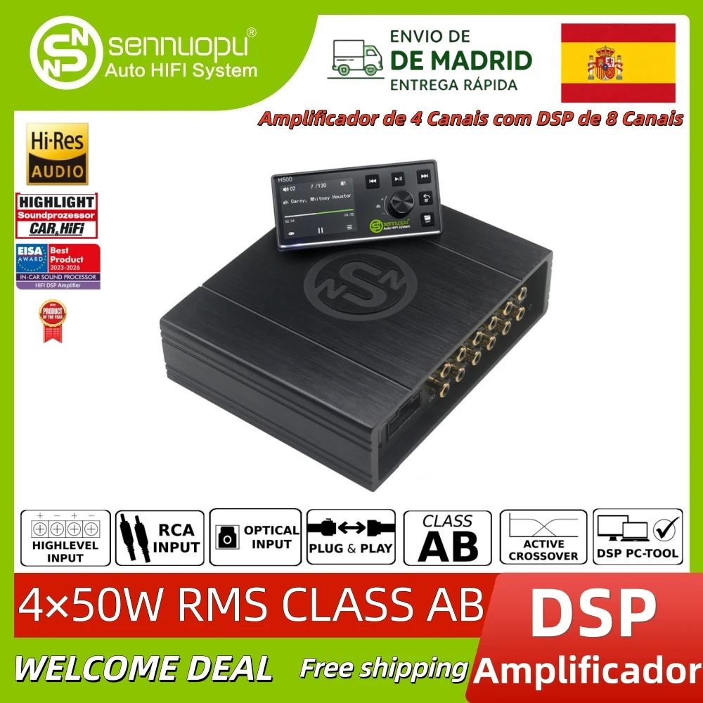 Entrepôt local en Espagne, livraison rapide, Sennuopu DS-M8, amplificateur de voiture 4 canaux, processeur audio DSP intégré 8 canaux, Bluetooth, égaliseur, amplificateur de voiture avec télécommande