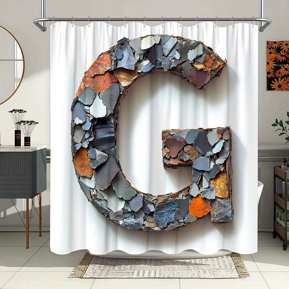 

1 шт., занавеска для душа с надписью «G» в деревенском стиле — текстурированная полиэфирная ткань с камнем и металлическим мастерством, в комплект входит 12 крючков