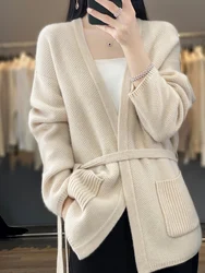 Women Cardigan V-neck Belt Solid 100% Merino Wool Sweater Soft Warm Autumn Winter Cashmere Knitwear Female Grace Clothing Tops