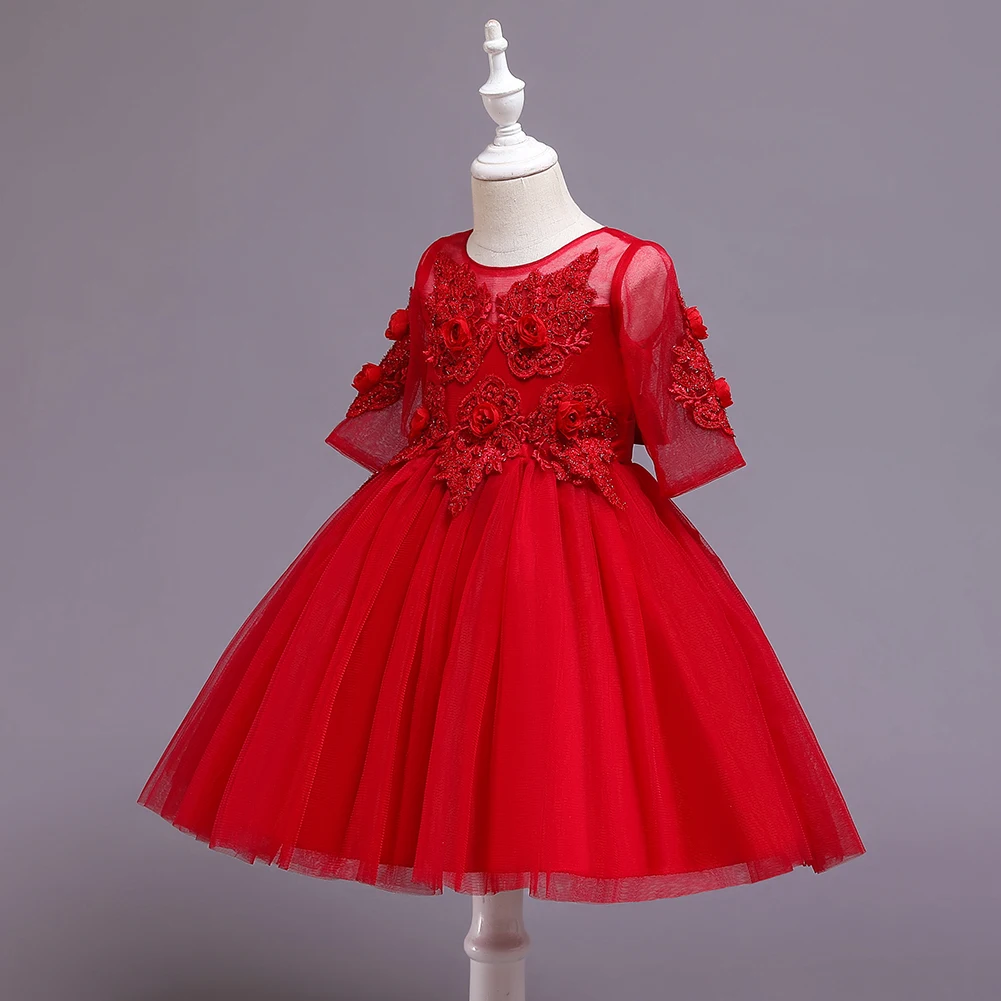 Flower Girls Short Sleeve Princess Dresses For 2 To 10 Years Old Kids Red Knee-length Embroidered Casual Dress