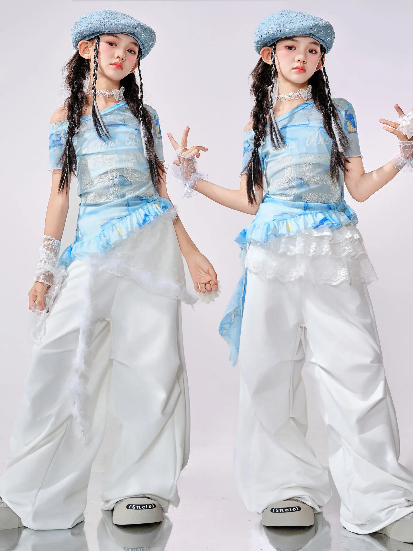 

Blue Kpop Jazz Dance Clothes Girls Summer Street Clothing White Shuffle Pants Hip Hop Dance Performance Costume Stage Wear