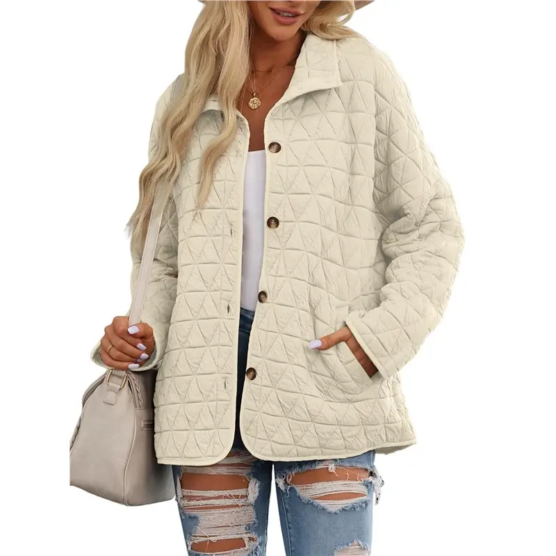

BMBY-Women's Light Weight Quilted Casual Winter Open Front Button Down Puffer Coat Outwear Cardigan Cream White XXL