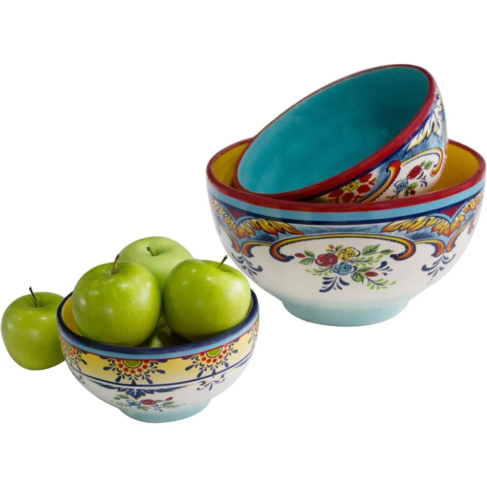 

Euro Ceramica Zanzibar Collection Vibrant Ceramic Mixing Bowls, 3 Piece Set, Spanish Floral Design, Assorted Sizes, Multicolor,1