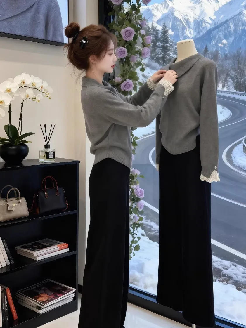 ay الدانتيل لصق المتضخم طاقم Ne سترة المرأة الخريف الشتاء جديد Sle كسول الراقية فضفاض ملابس داخلية قاعدة #1