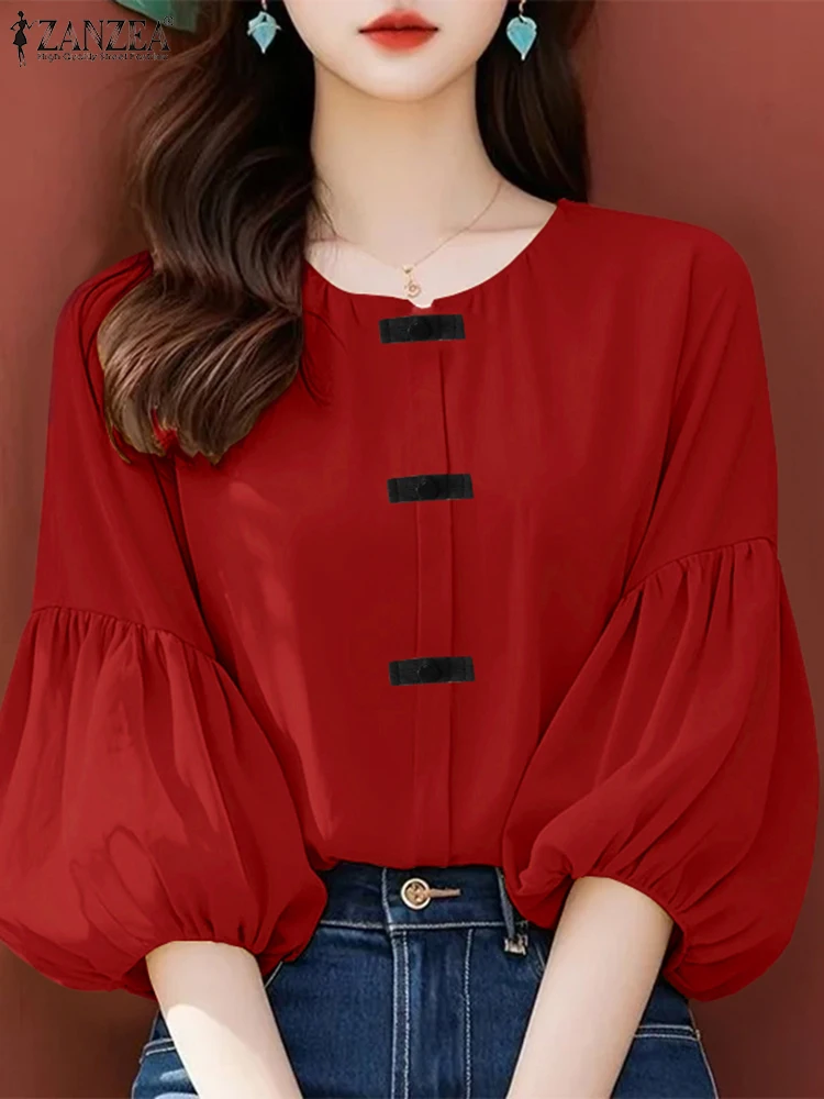 Women Elegant 3/4 Lantern Sleeve Work Blouse ZANZEA Summer Fashion Shirt Office Lady Blouses Casual Solid Holiday Tops Tunic