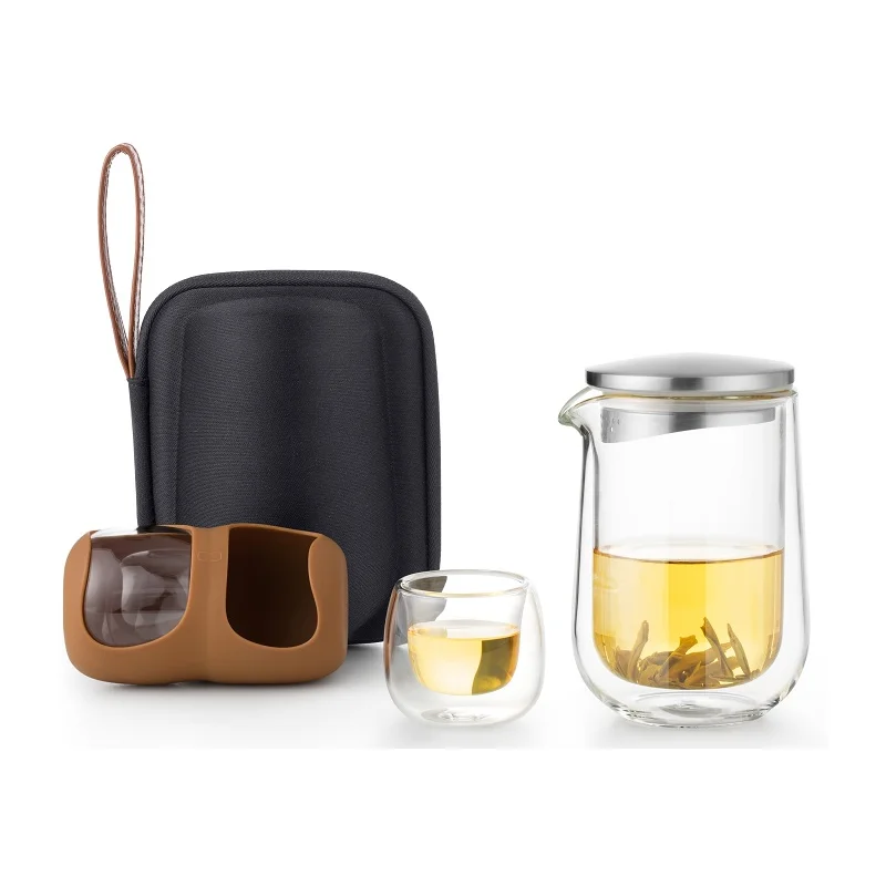 SAMADOYO-Portable Travel Glass Tea Set, One Pot, 2 Cups, Quick Cup to Brew Tea at Will