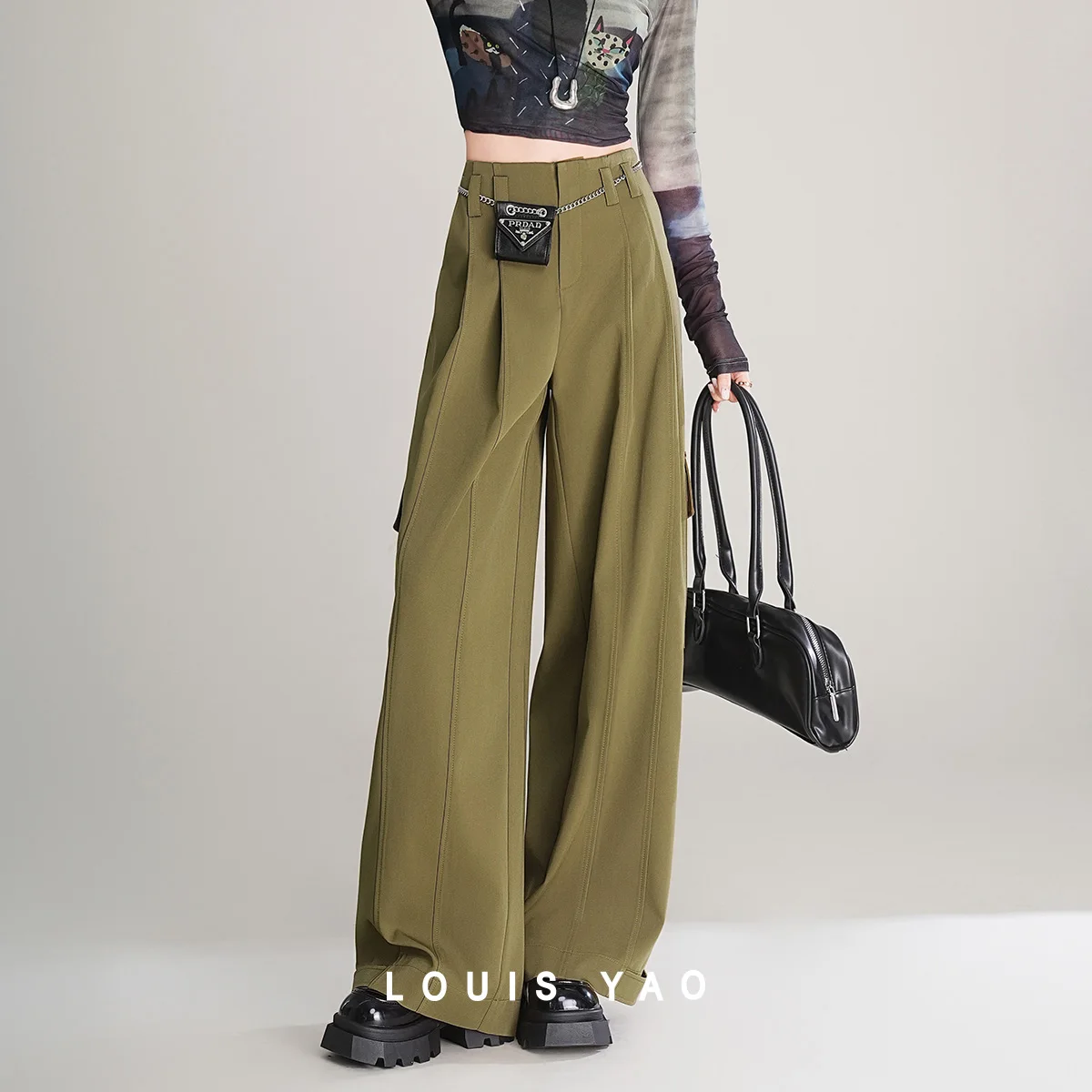 

LOUIS YAO Adjustable Leg Design Wide Leg Pants 2025 Autumn Casual Large Pocket Loose Non Elastic Long Casual Pants