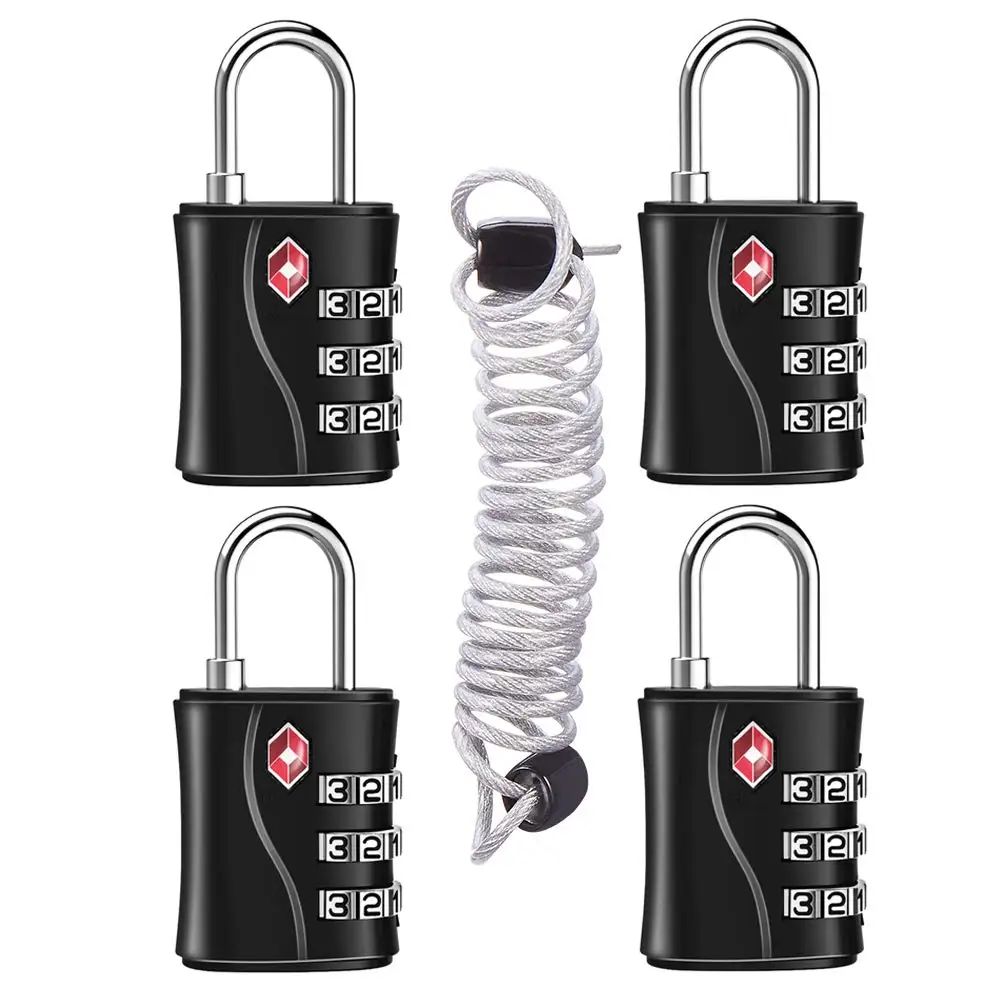 

Замок TSA для багажа (4 шт.), 1 трос (30 дюймов), дорожный замок для рюкзака, чемодана, школьного или спортивного шкафчика (черный, 4 шт.)