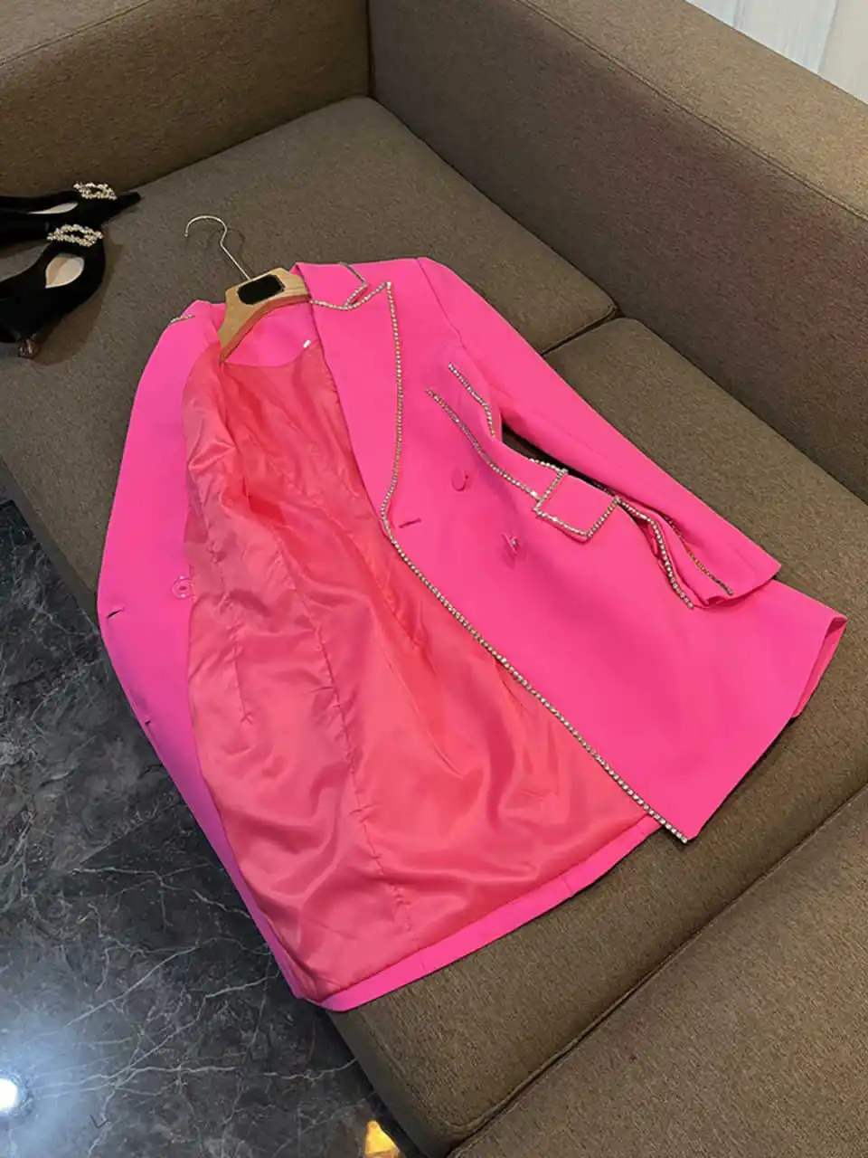 Abito da donna con perline Moda Slim Fit Blazer doppiopetto Giacca lunga da donna personalizzata Crystal Party Set da 1 pezzo