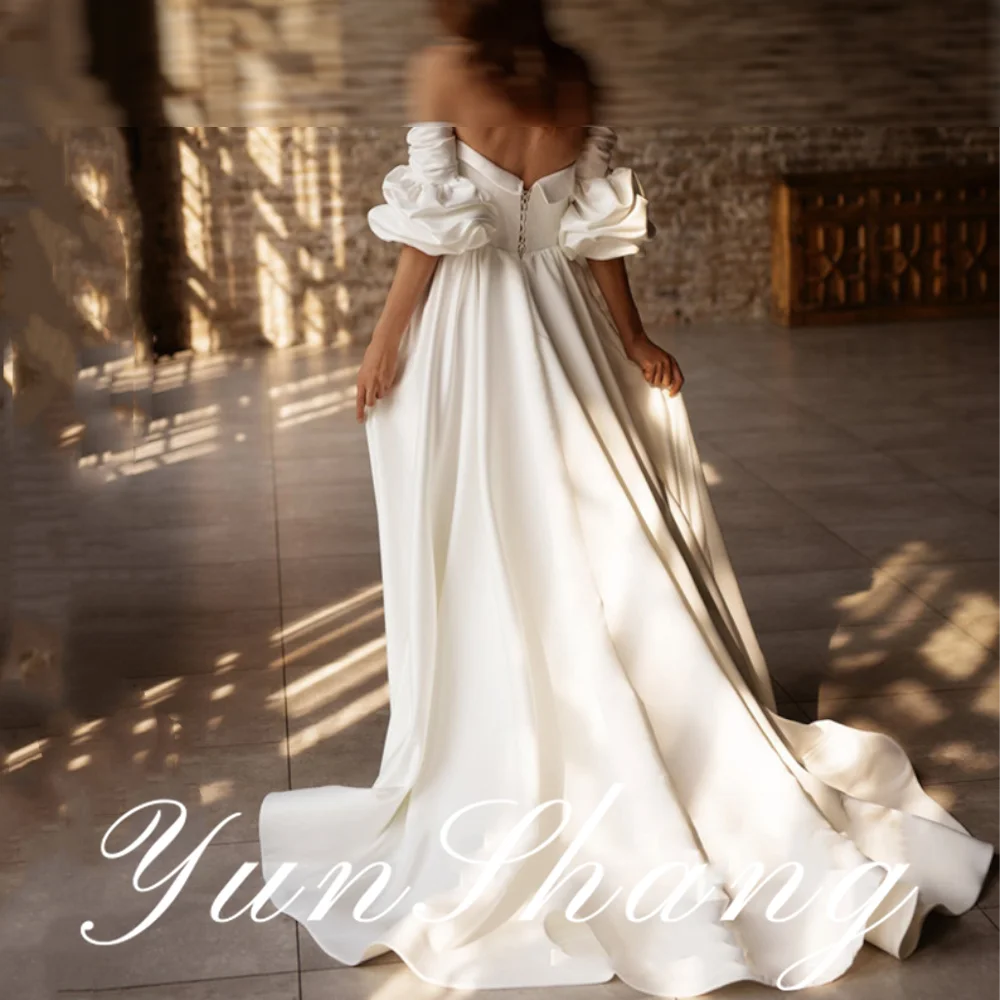 YunShang Customized  Boho Luxury Wedding Sweetheart Puff Sleeve Backless Lace Up Sweep Train Beading Sexy Gown Satin Robe De