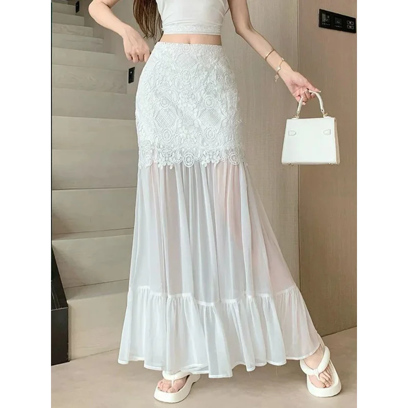 Spring Chic and Beautiful High Waisted Slimming Skirt, New Fashionable Lace Patchwork Mesh All Match Classic A-line Skirt