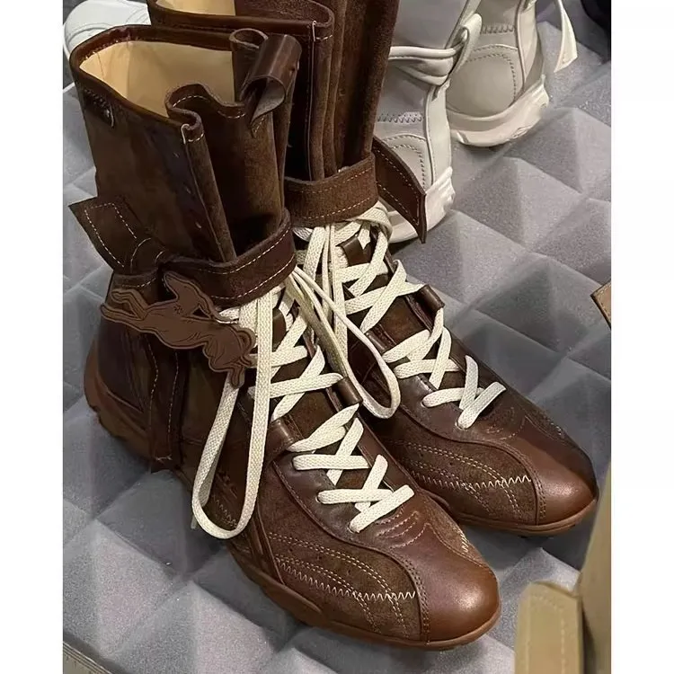 Designer Womens Shoes Retro Lace Up Mid Calf Boots Round Toe Block Low Heel Casual Riding Botties Motorcycle Flats Biker Soft