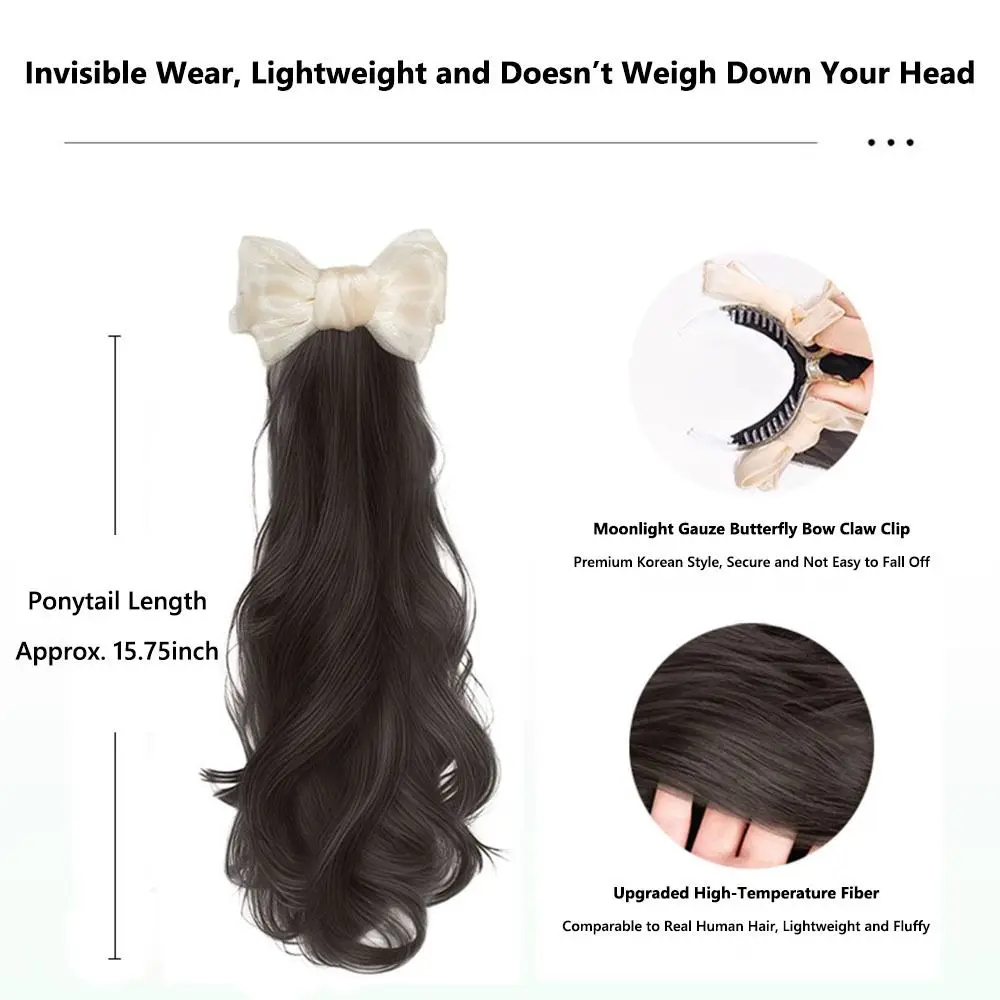 Лунная пряжа с бантом, парик с хвостиком, зажим для когтей, элегантный парик для наращивания волос, парик с хвостиком, длинный волнистый парик с низким хвостом