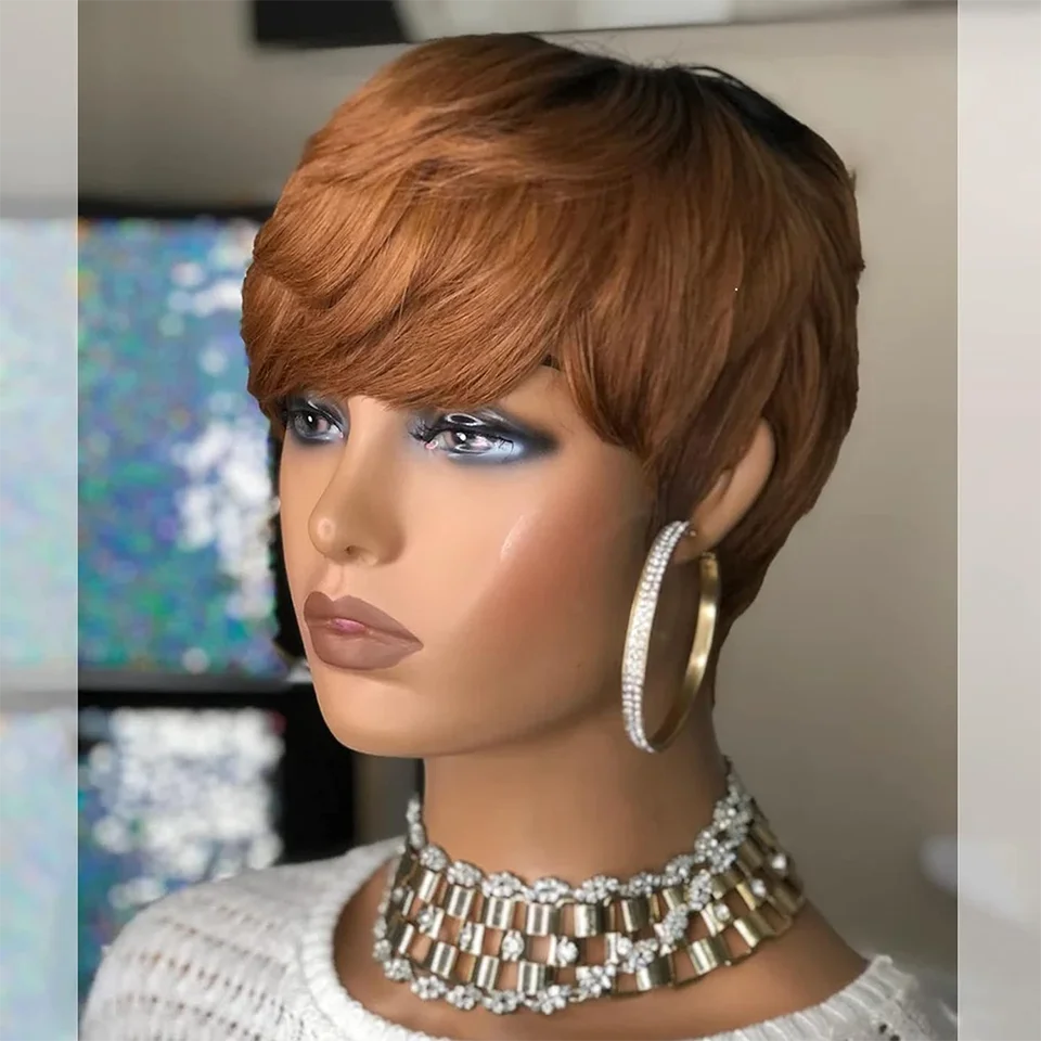 

**Парики Pixie Cut с коротким бобом Коричневые прямые парики боб с челкой Бразильские парики из человеческих волос Ombre Коричневый Полный машинный заказ Best Selli
