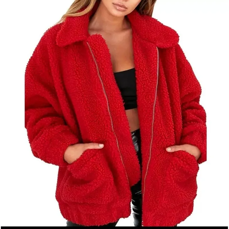 가을 겨울 가짜 모피 코트 여성 2025 캐주얼 따뜻한 소프트 지퍼 모피 자켓 플러시 오버 코트 포켓 플러스 사이즈 테디 코트 여성