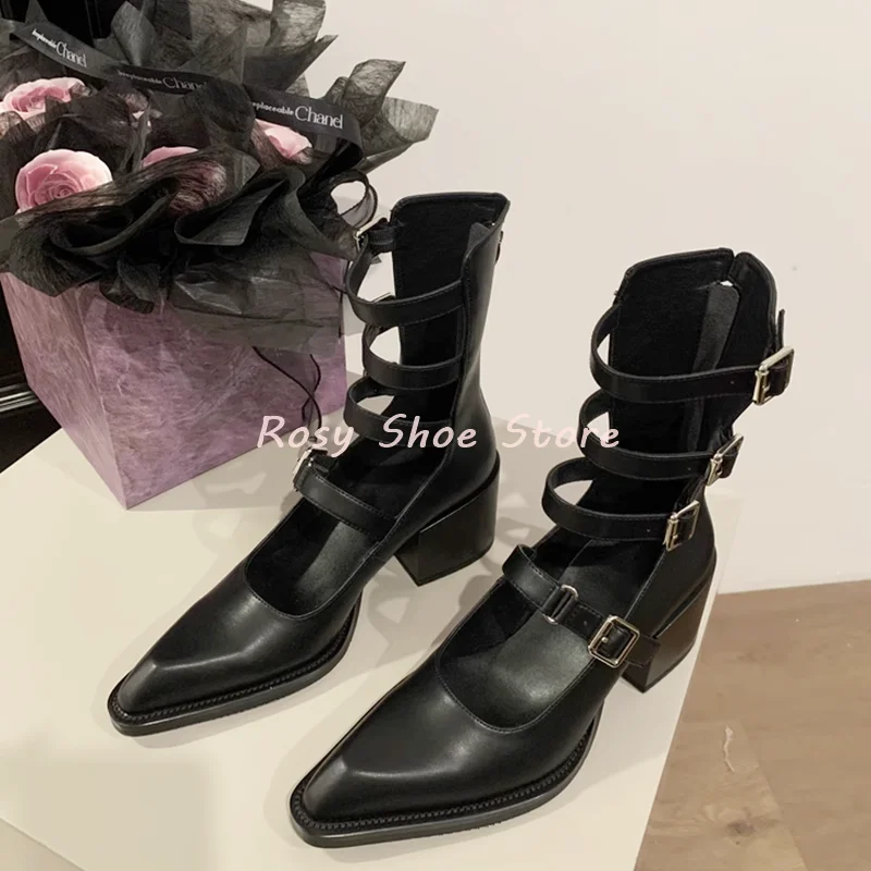 

Women's Black Roman Multi-Strap Hollow Mid-Tube High Heels Sexy Pointed Toe Chunky Heel Back Zipper Single Shoes
