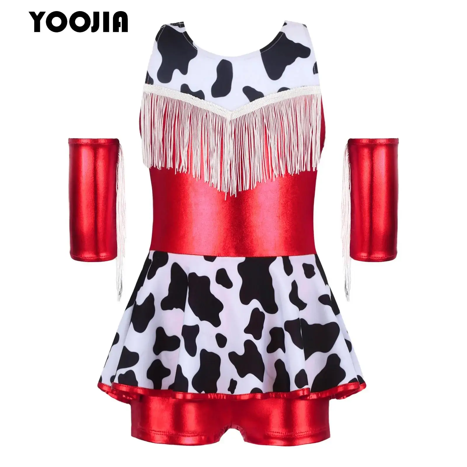 Girl Jazz Latin Ballet Dance Costume Metallic Cow Print Leotard Dress and Oversleeve Cowgir Outfit Halloween Carnival Dancewear