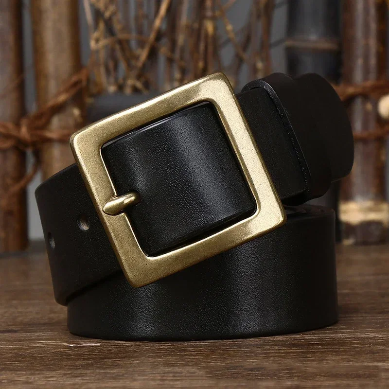 3.8CM Men High Quality Genuine Leather Belt Luxury Designer Brass Copper Buckle Belts Pure Cowskin Strap Male Jeans for Man