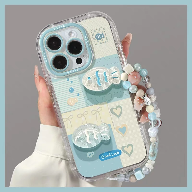 الطازجة المحيط الأسماك الحب القلب ثلاثية الأبعاد للطي قوس متوافق آيفون 16 15 11 13 12 14 برو ماكس 16 زائد ريشة الغزل غطاء ناعم #1