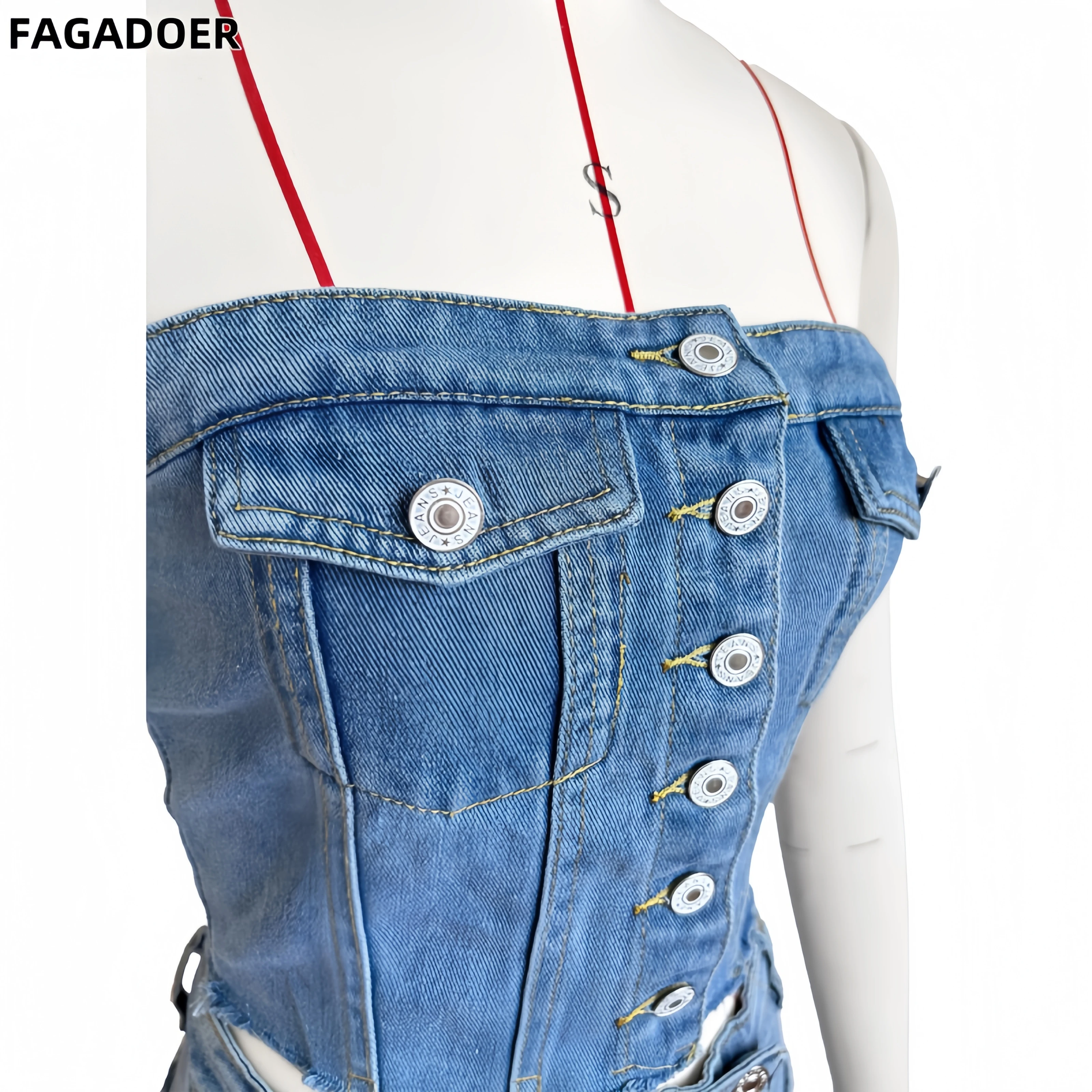 FAGADOER Fashion Denim Pocket Irregular Shorts Two Piece Sets Women Button Backless Slim Tube + Shorts Outfits Female Streetwear