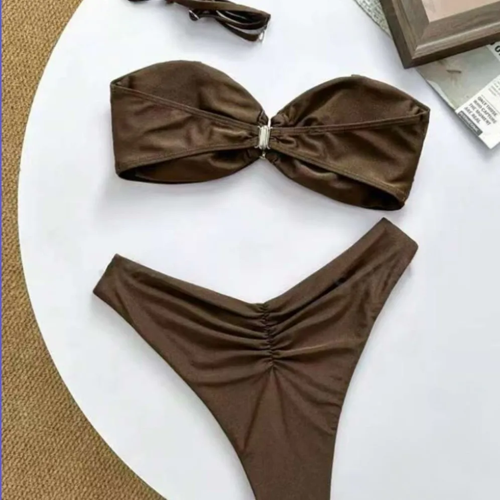 Bikini 2025 Woman High-waist Mini Bikini Separate Push Up Beach Two-piece Swimsuit Solid Color Slant Shoulder Vacation Swimsuit