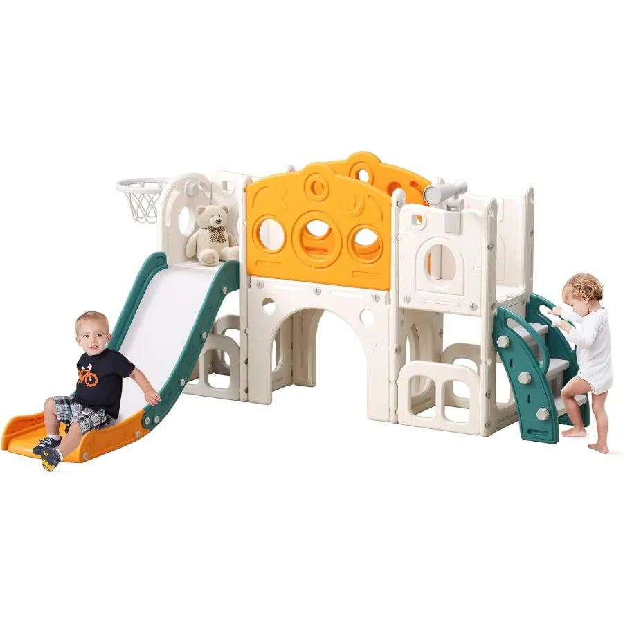 

8 in 1 Toddler Slide Outdoor Indoor Playset for Baby Age 1-3 Childs Climber Slide with Storage Space and Non-Slip Steps Basketb