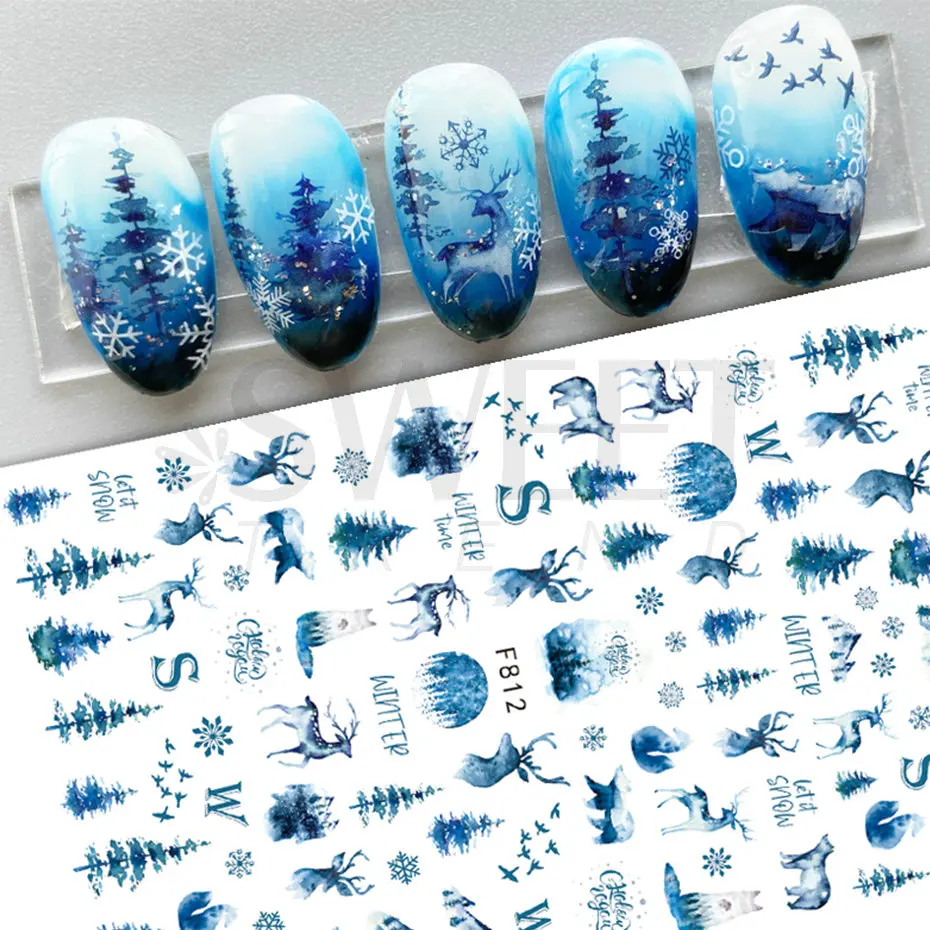 Blue Christmas Nail Art Stickers 3D Fir Elk Mountain Snowflake Holly Animal Winter Xmas Design Manicure Slider Decoration BEF812