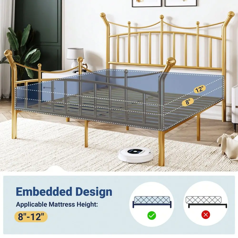 

14 Inches Twin Full Queen King Size Metal Platform Bed Frame With Elegant Crown Headboard Footboard, Sturdy Mattress Foundation