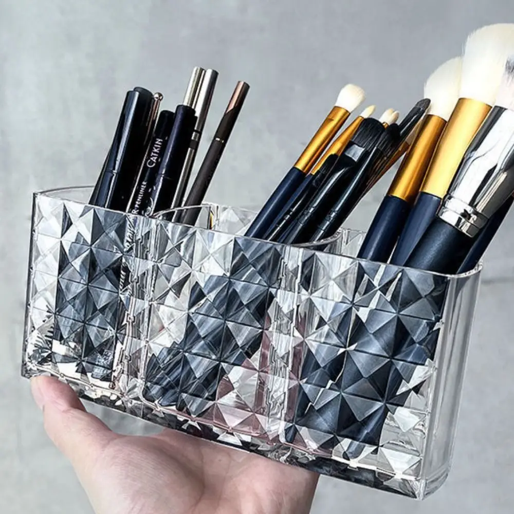 Acrylic Makeup Brush Storage Bucket Transparent Quilting Makeup Storage Box Triple Grid Multifunction Desk Pen Holder