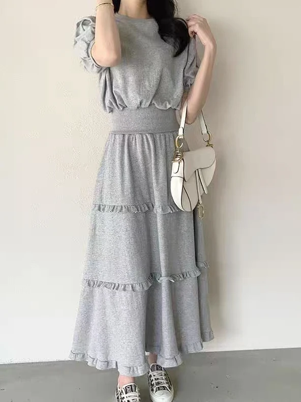 

Women's Bubble Sleeve Sweatshirt Short High Waist Slim Fit Elastic Splice Half Skirt Set Summer Fashion Two-Piece Suit