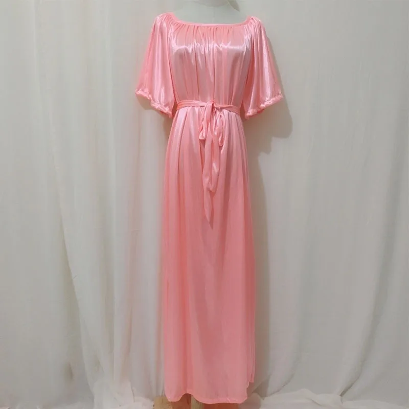 حجم كبير لمسة حريرية لامعة الرجال مثير فستان طويل المرأة الساتان قصيرة الأكمام فضفاضة فستان ماكسي رقيقة النوم رداء النوم