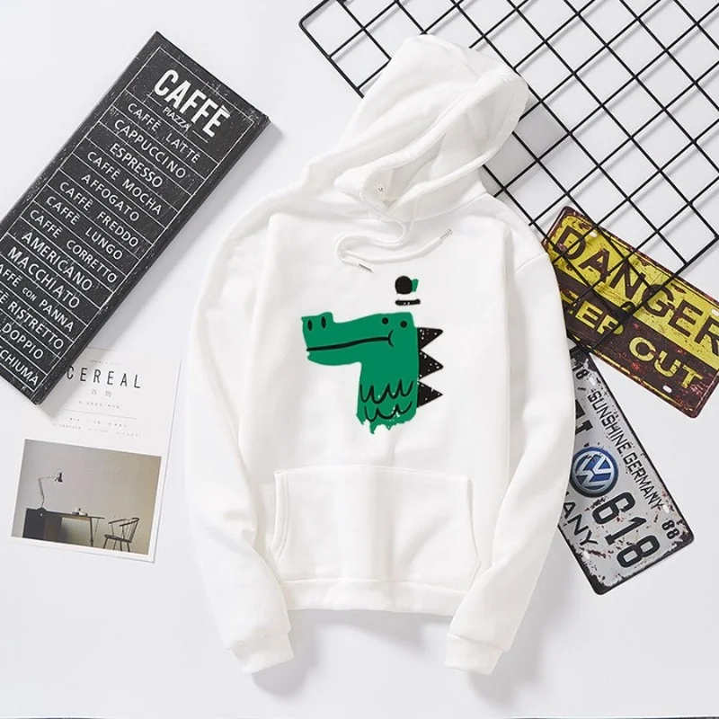 Cute Kawaii Green Crocodile Print Hoodies Sweatshirts Harajuku 2024 Women Simple Loose Casual Pullover Couple Clothes Streetwear
