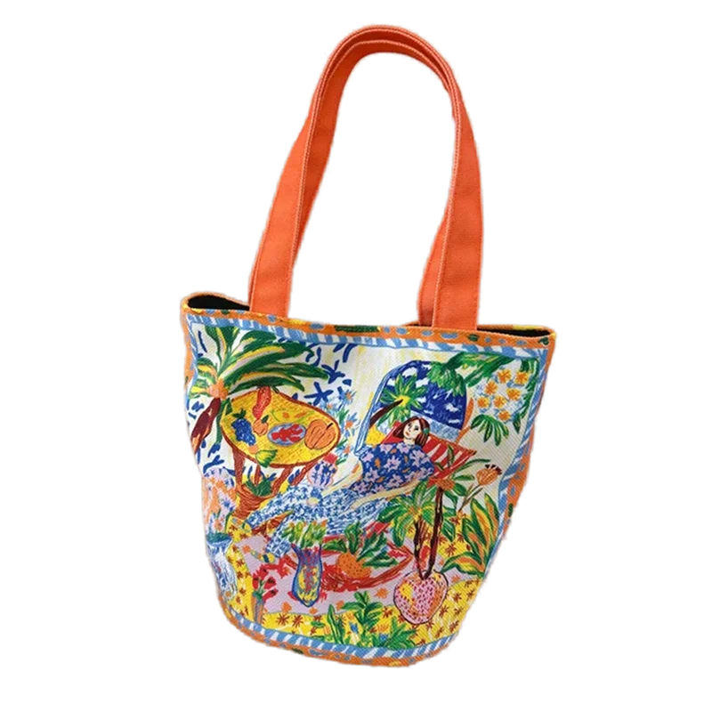 New Fashion Canvas Fabric Women Handbag Special Colorful Artist Design Pattern Top-handle Bag Casual Lunch Tote Bags