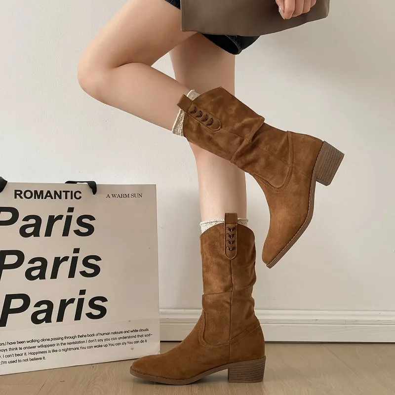 خمر كعب سميك مطوي النساء أحذية بوت قصيرة موضة الارتفاع زيادة فستان أحذية الإناث موجزة الانزلاق على الجوارب فارس