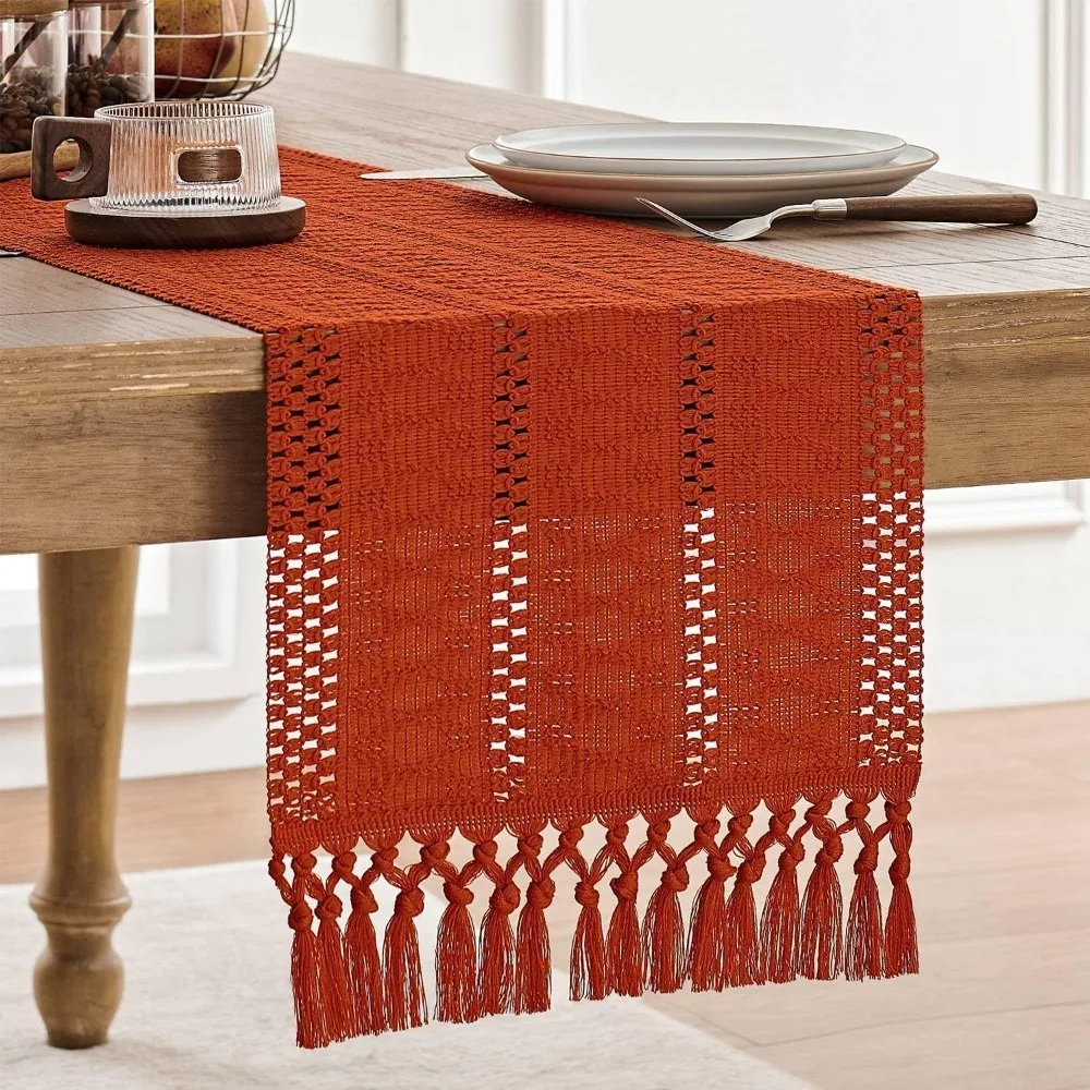 

American Style Boho Table Runner Rustic Rectangular Festival Dining Table Cover With Tassel Solid Color Tablecloth Wedding