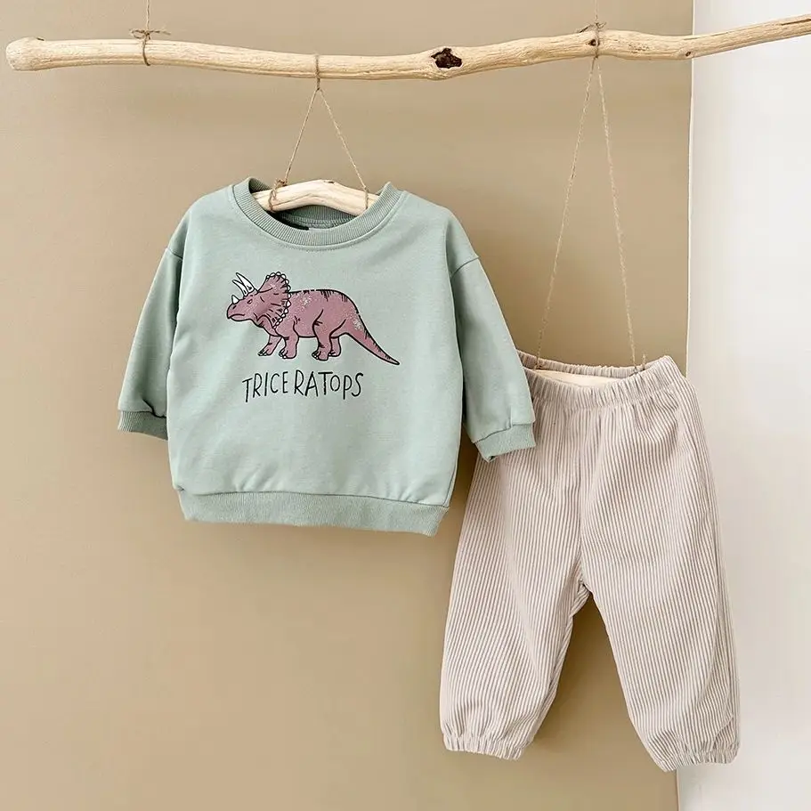 2PCS Newborn Baby Boys Clothes Set Dinosaur Prints Sweater+corduroy Pants Children\'s Clothing Girls Outfit Cotton Suit Spring