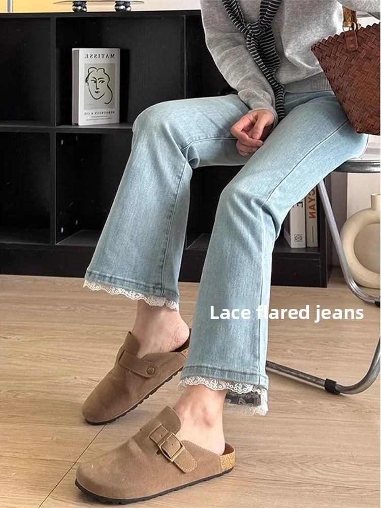 

American Lace Splicing Micro Flared Jeans Women plus Size Summer New High Waist Slimming Nine Point Hoof Pants