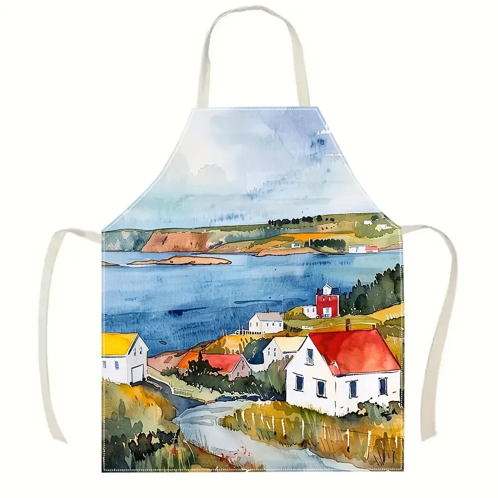 1pc Watercolor Coastal Village Apron Linen Ocean View Art Kitchen Chef Gift Painting Style Cooking Baking Home Decor